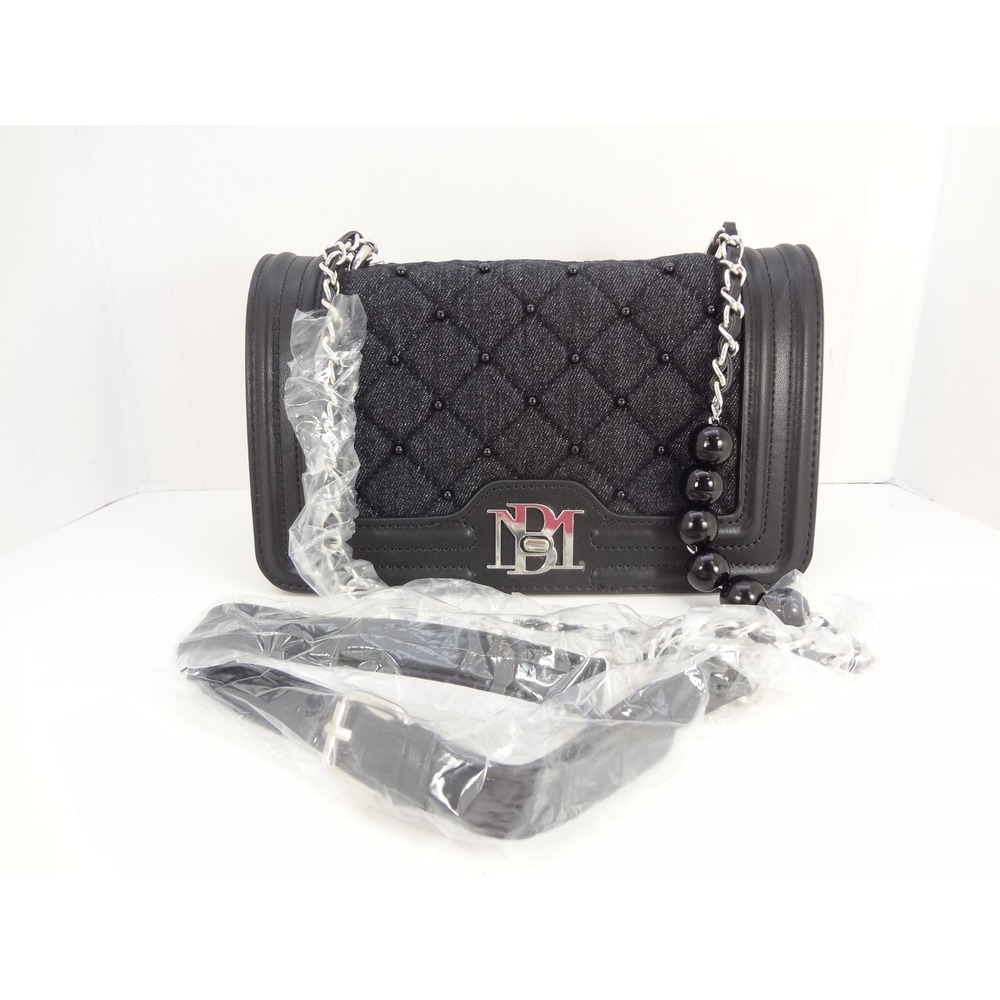 Badgley Mischka Denim Quilted Crossbody Bag Black NEW Pearl Chain Stud